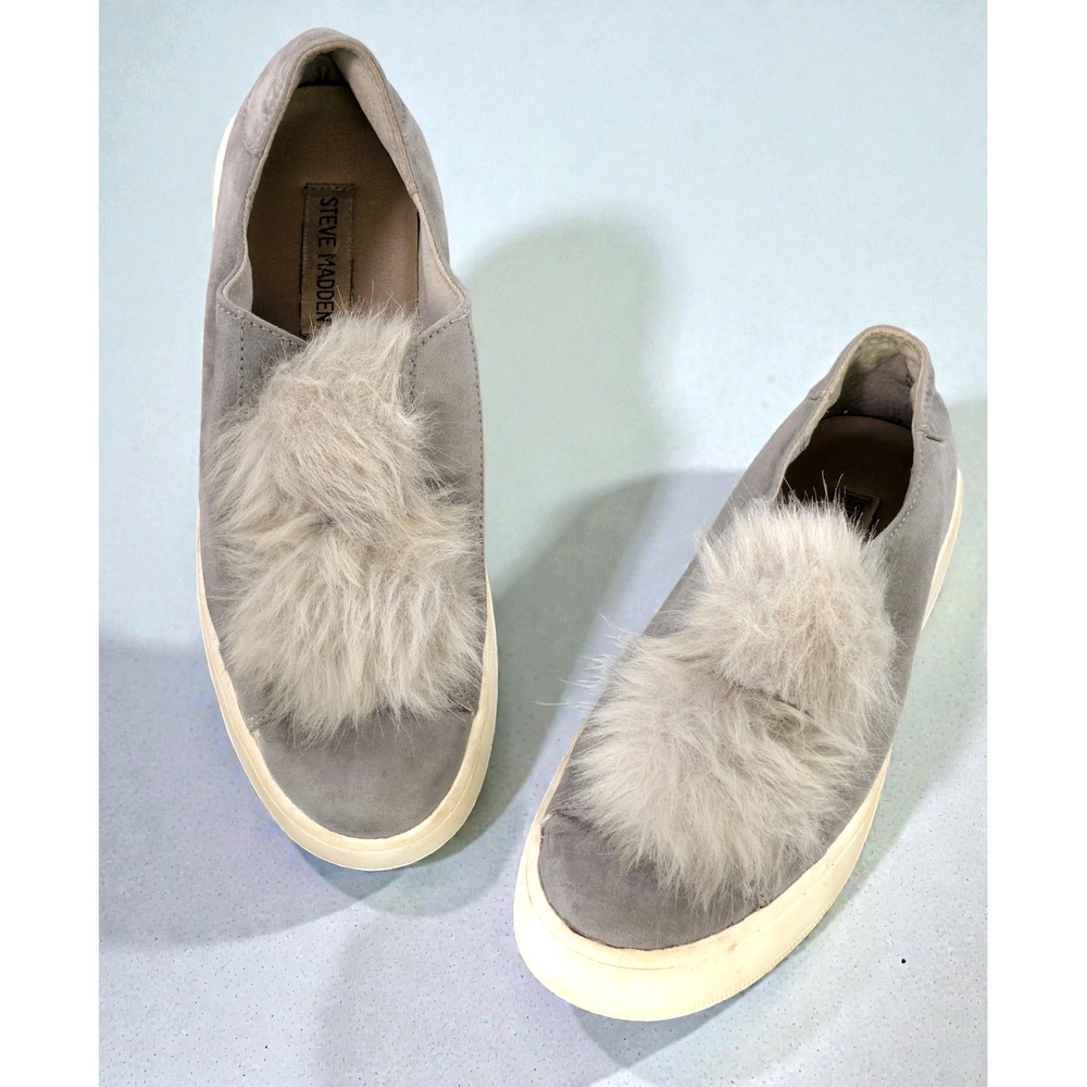Steve Madden BRYANNE Gray Faux Suede Pom Pom Platform Slip On Sneakers Size 8